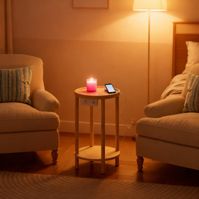 Table de bout en bambou à 2 niveaux avec station de charge, table d'appoint ronde compacte avec prise CA et ports USB pour le salon et la chambre à coucher, assemblage facile