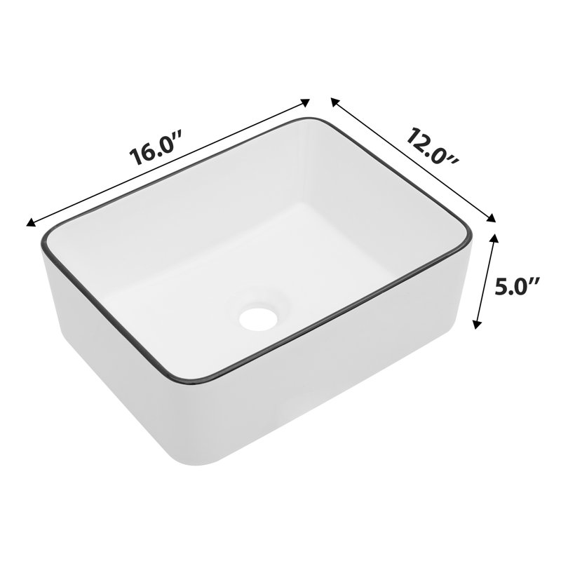 Lavabo de salle de bain vasque rectangulaire en céramique 16 x 12 pouces, Blanc / noir