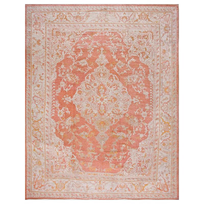 1900s Coral Medallion Antique Turkish Oushak Carpet 11'9"x14'9" Knotted Wool Rug