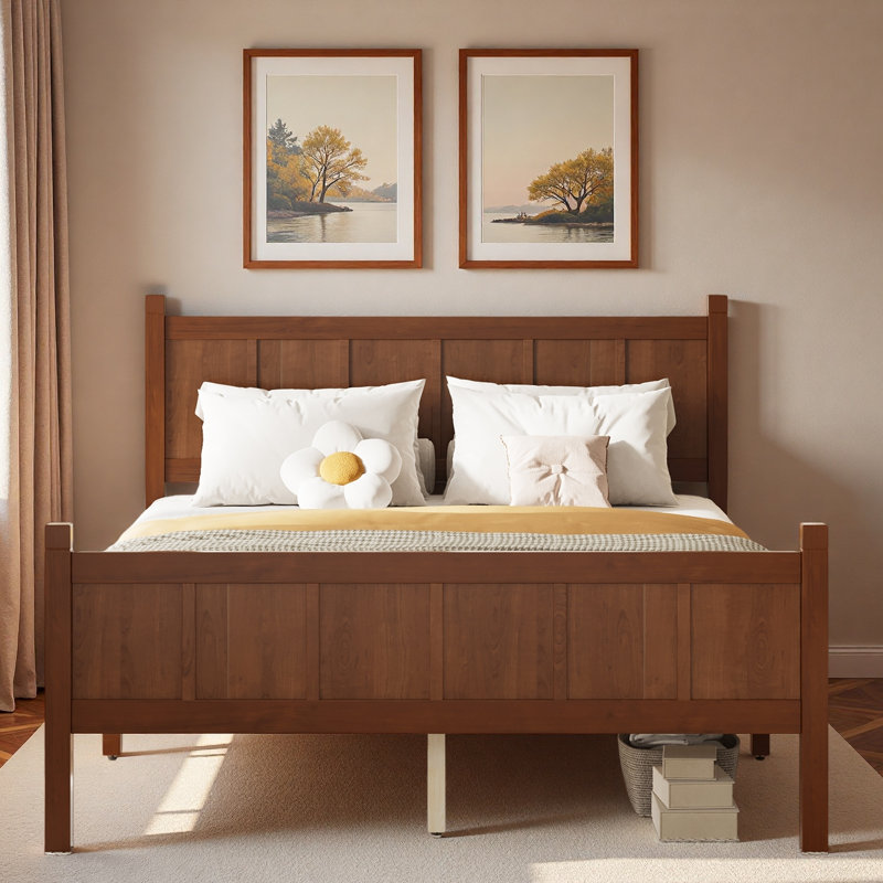 Lit plateforme moderne avec tête de lit et pieds robustes, Lit double, Noyer foncé