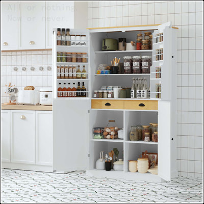 Large Freestanding Kitchen Pantry with 8 Door Shelves and 2 Drawers