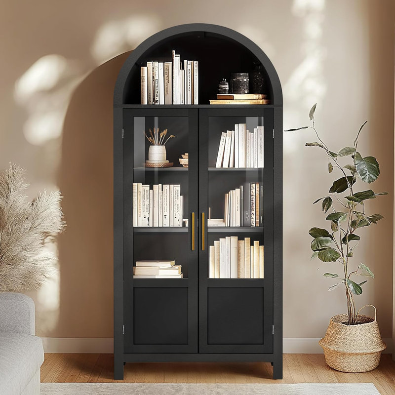 71" Arched Storage Bookcase with Doors, Black