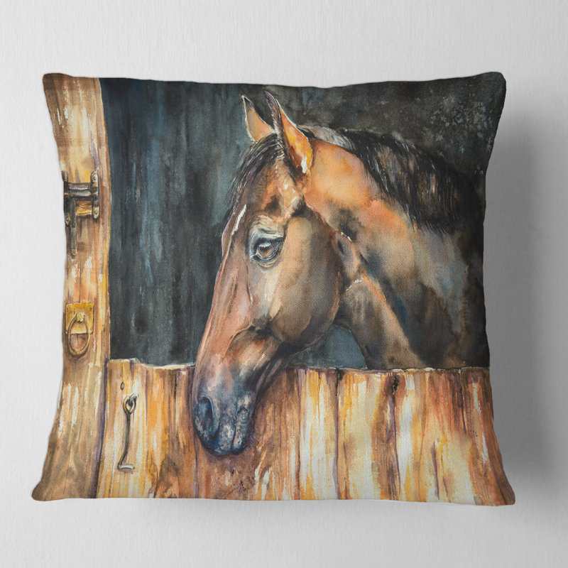 Carré, tête de cheval dans une étable - Coussin décoratif imprimé maison de campagne, 16" x 16"