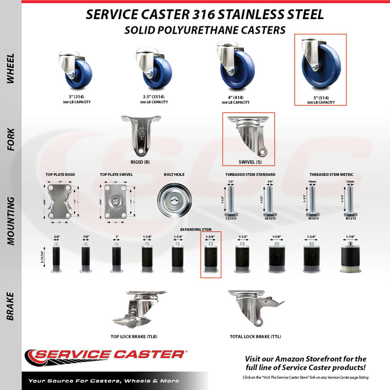 316SS Solid Polyurethane Swivel 1- Expanding Stem Caster Set SCC