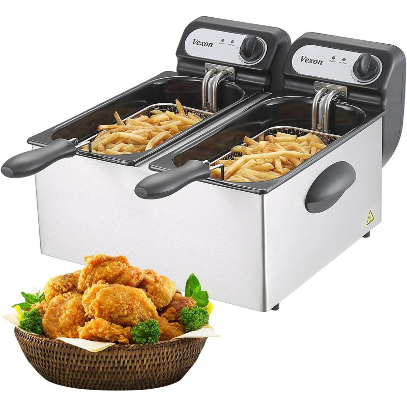 Friteuse électrique 3000W avec 2 paniers et couvercles, friteuse double en acier inoxydable 2X3L, friteuse de comptoir, contrôle de la température, protection contre la surchauffe