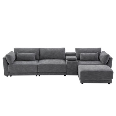Canapé modulaire en forme de L de 124 po avec console de rangement multifonctionnelle, chargeur câblé et sans fil, repose-pieds mobile, coussin plus large et plus épais, combinaison libre pour le salon et l’appartement, chenille