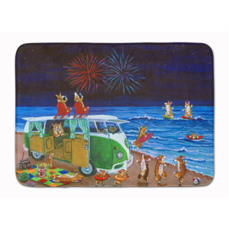 Tapis pour salle de bain à mousse mémoire volkswagon fireworks corgi beach party