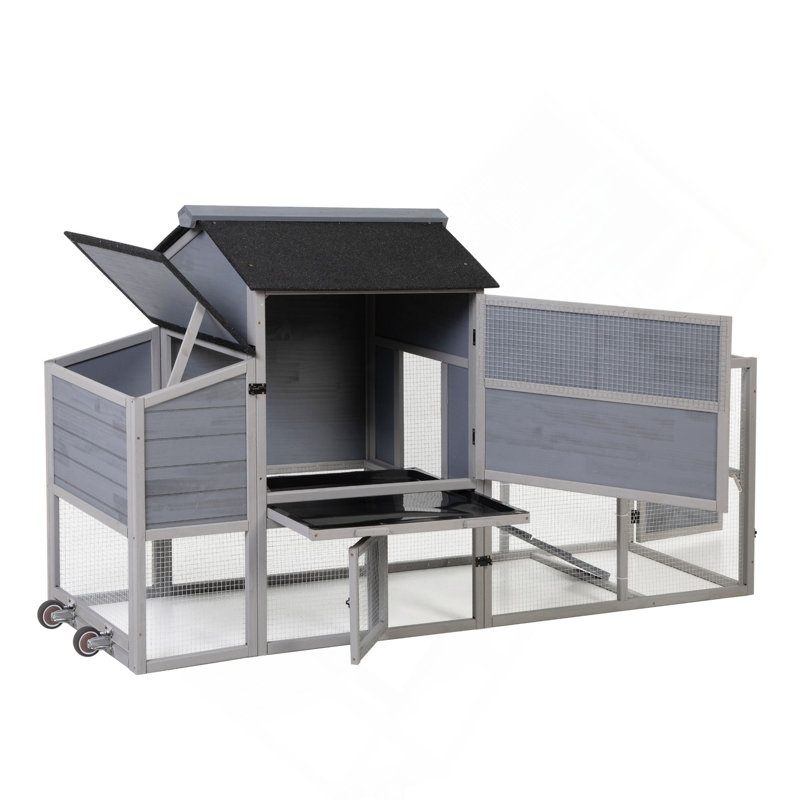 Poulailler portatif mobile avec nichoir, chambre à coucher, course, fenêtre, panneau solaire, portes, plateau coulissant, roues, enclos extérieur pour petits animaux