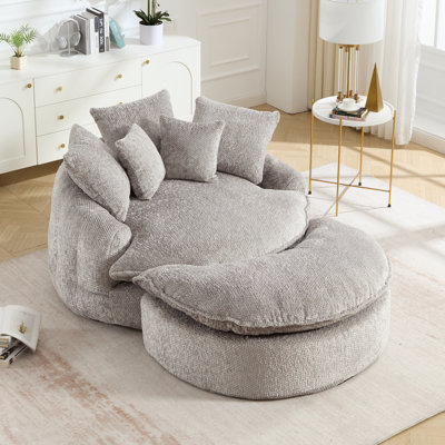 Sabio 55" Oversized Light Grey Bean Bag Lounger with Ottoman - Comfy Round Foam Sofa Chair for Adults