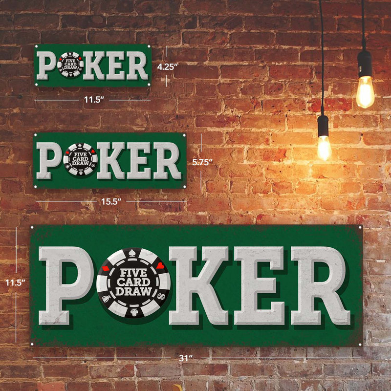 «Poker Five Card Draw Metal Sign» sur métal, H 5,75 po x l 15,5 po