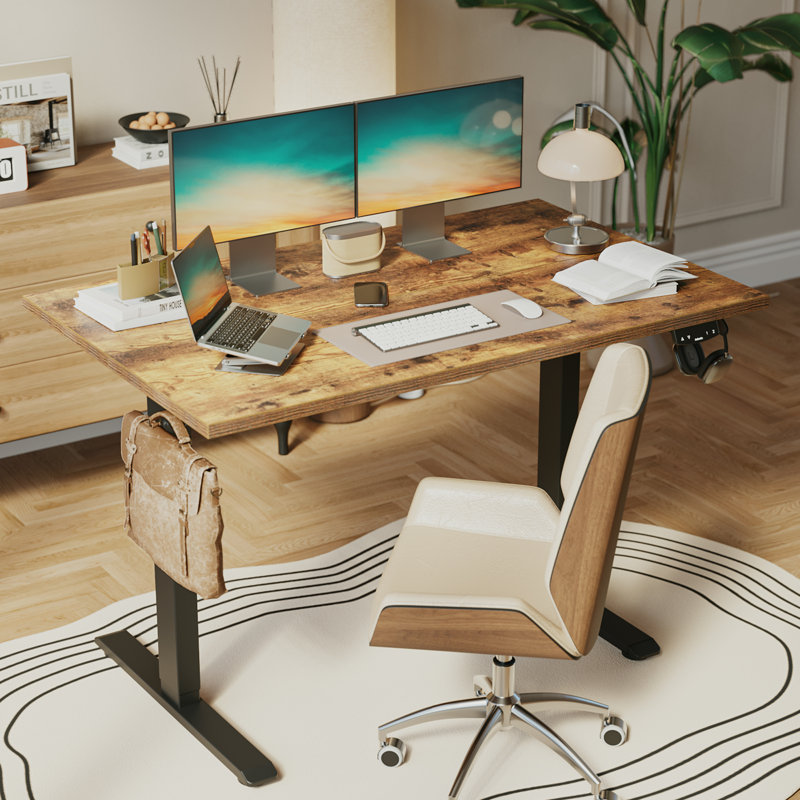 63" Home Office Electric Height Adjustable Standing Desk With Memory Controller, Rustic Brown/Black, 45.7" H x 63" W x 24" D