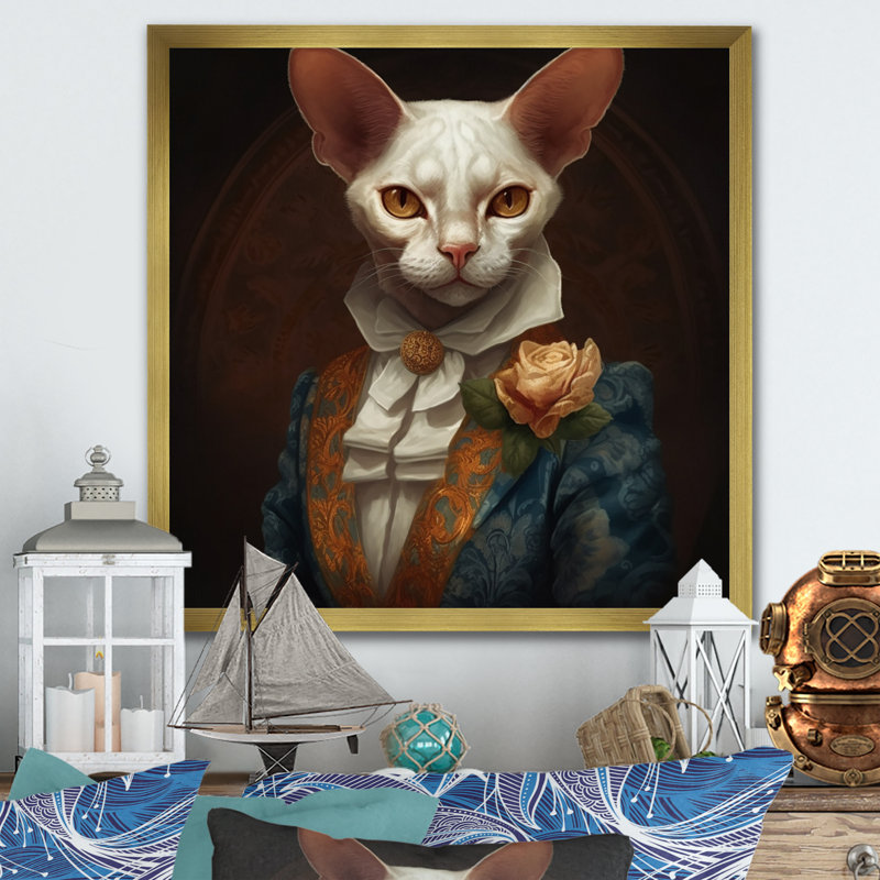 Chat blanc sur fond blanc, H 16 po x l 16 po x P 1 po, Encadrement doré