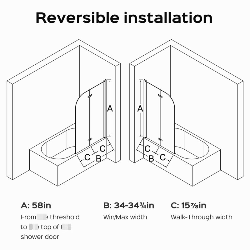 34 Inch Width 58 Height Bathroom Pivot Tub Door, 1/4" (6mm) Clear Tempered Glass, Brushed Gold Finish, Lifting Structure 34" W X 58" H Shower Thick Design