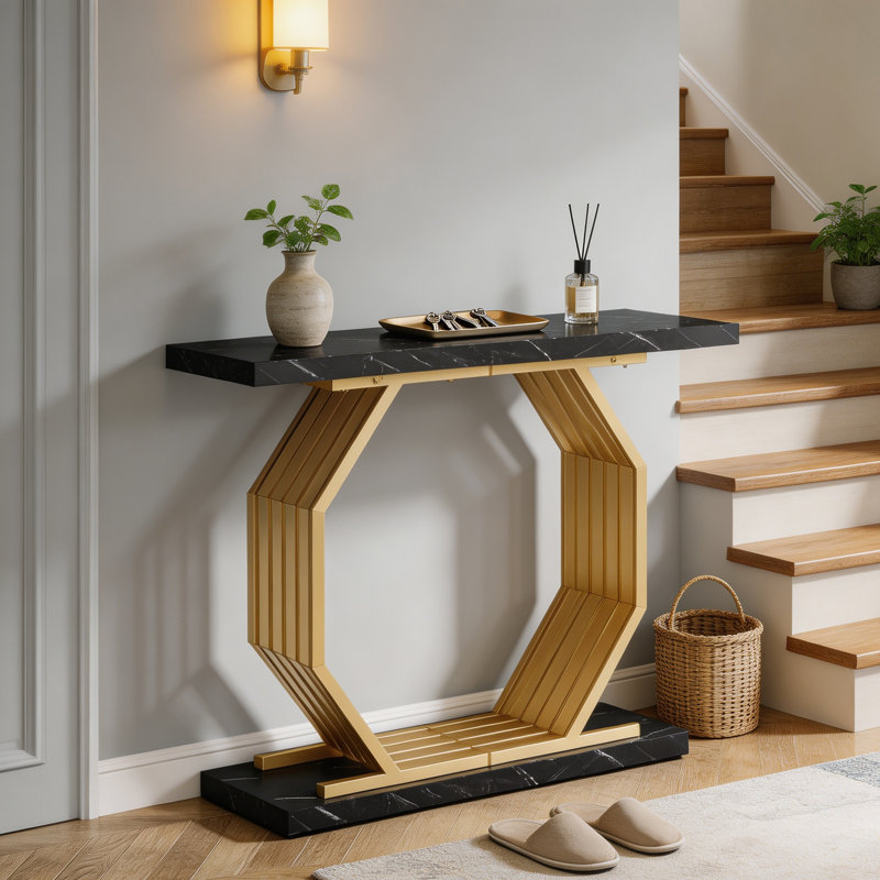 Console en faux marbre noir, base octogonale, peut servir de table d'appoint pour canapé.
