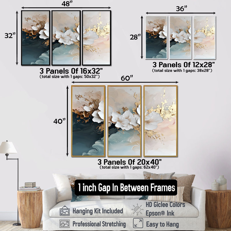 «White Gold Floral Brushstroke», peinture abstraite V - ensemble d'art mural abstrait, Toile avec cadre flottant or