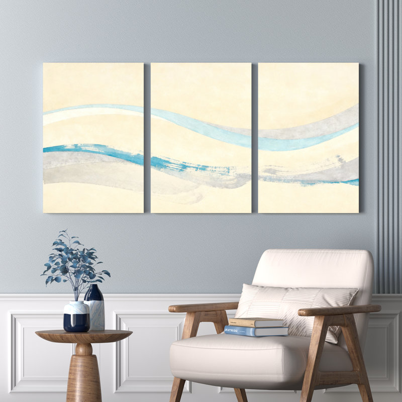 Ensemble de 3 tableaux abstraits sur toile tendue, motif vague, H 30 po x l 60 po