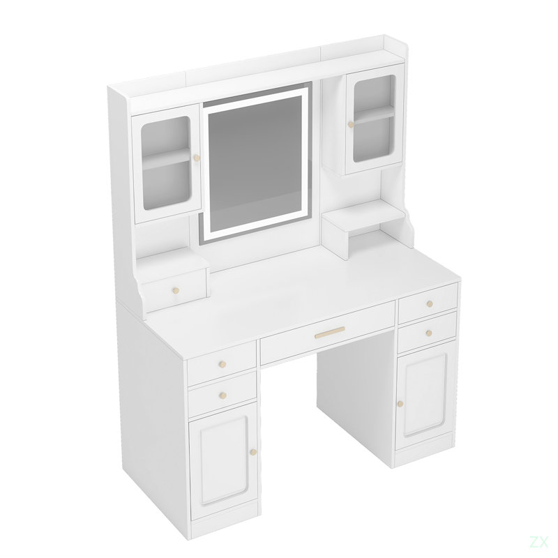 Grande coiffeuse avec miroir, 6 tiroirs et tablettes, bureau de commode