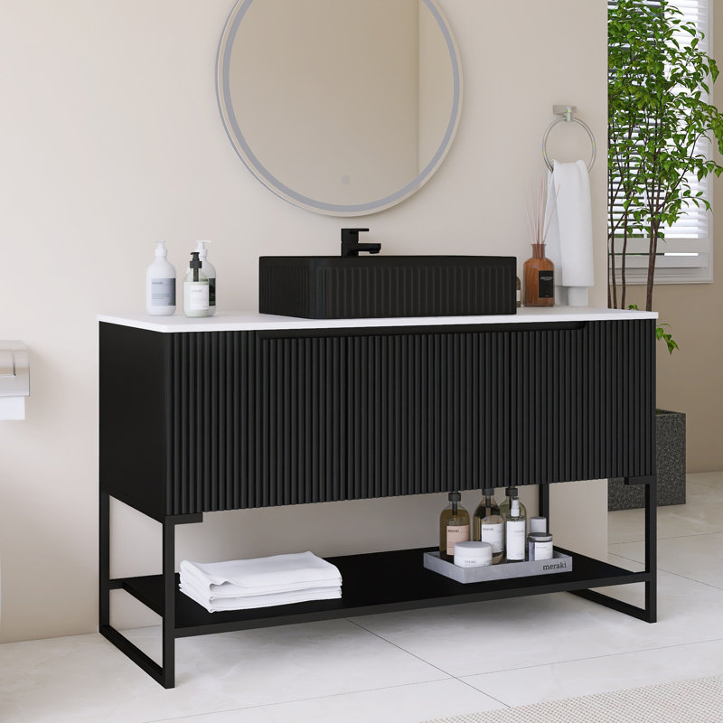 Meuble-lavabo autoportant simple avec comptoir en pierre frittée blanc de Carrare