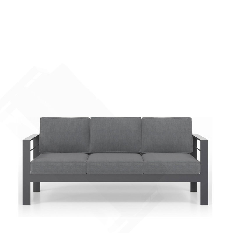 73" All-Weather Aluminum Patio Sofa, 3 Seat Outdoor Couch With  Thick Dark Gray Cushions & Gray Frame, Gray, Dark Gray