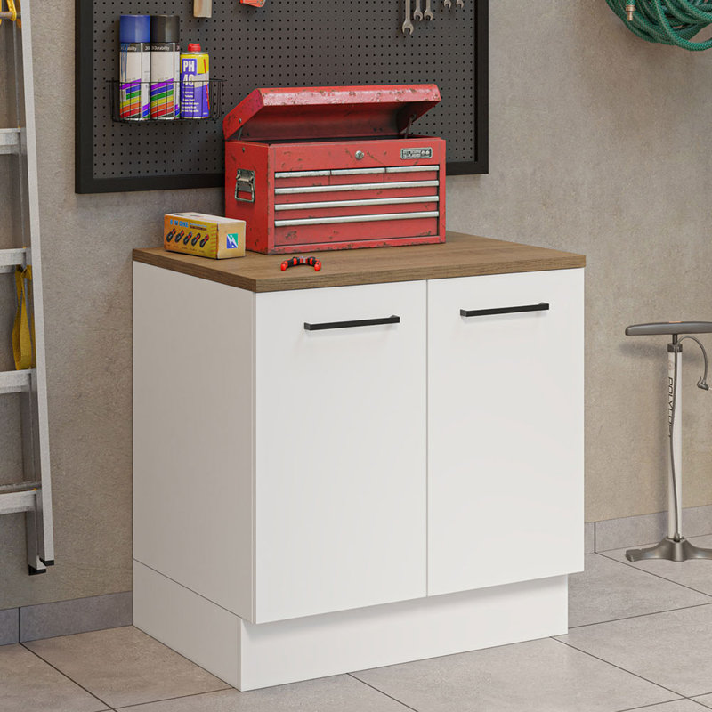 Latitude Run Compact Garage and Utility Room Base Storage Cabinet with 2 Doors and Tool Storage Shelves 33 Inch Wooden Organization Unit - White
