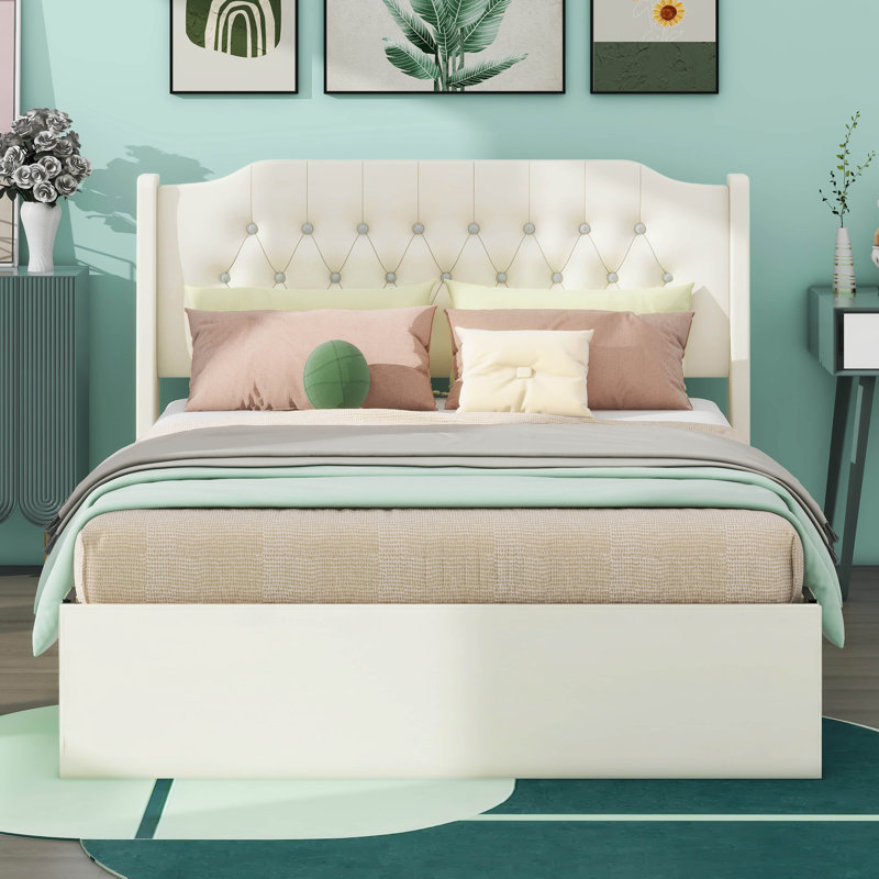 Grand lit plateforme avec tête de lit en cristal, Beige