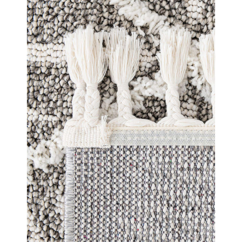 Tapis gris / ivoire en polyester tissé à la machine Jojean, Carré 7 pi 10 po