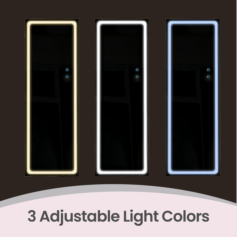 LED Mirror Jewelry Cabinet Standing, Lockable Jewelry Armoire with Full-Length Mirror and Adjustable LED Lights, White