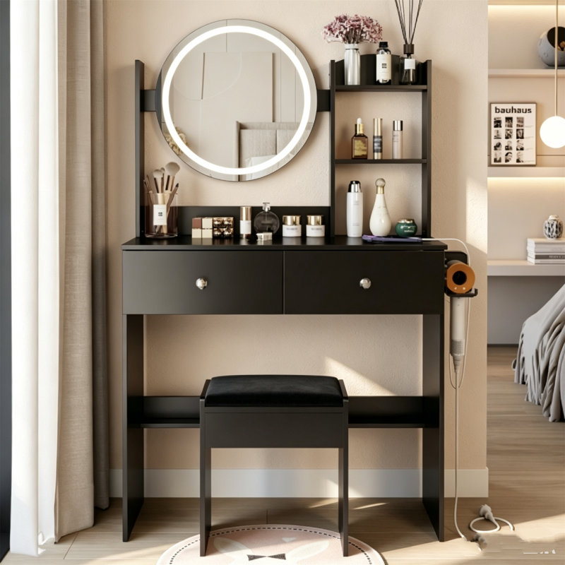 Meuble-lavabo rond 17 po à DEL avec tabouret, prise de courant 2AC + 2USB, luminosité réglable de 3 couleurs et grand rangement