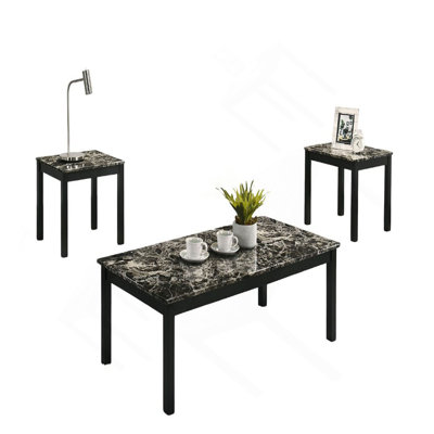 Contemporary Style 3pc Table Set 1x Coffee Table 2x End Table Faux Marble Top Wooden Legs Primary Living Room