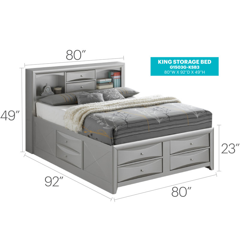 Champetre Bookcase Storage Bed, King, Silver