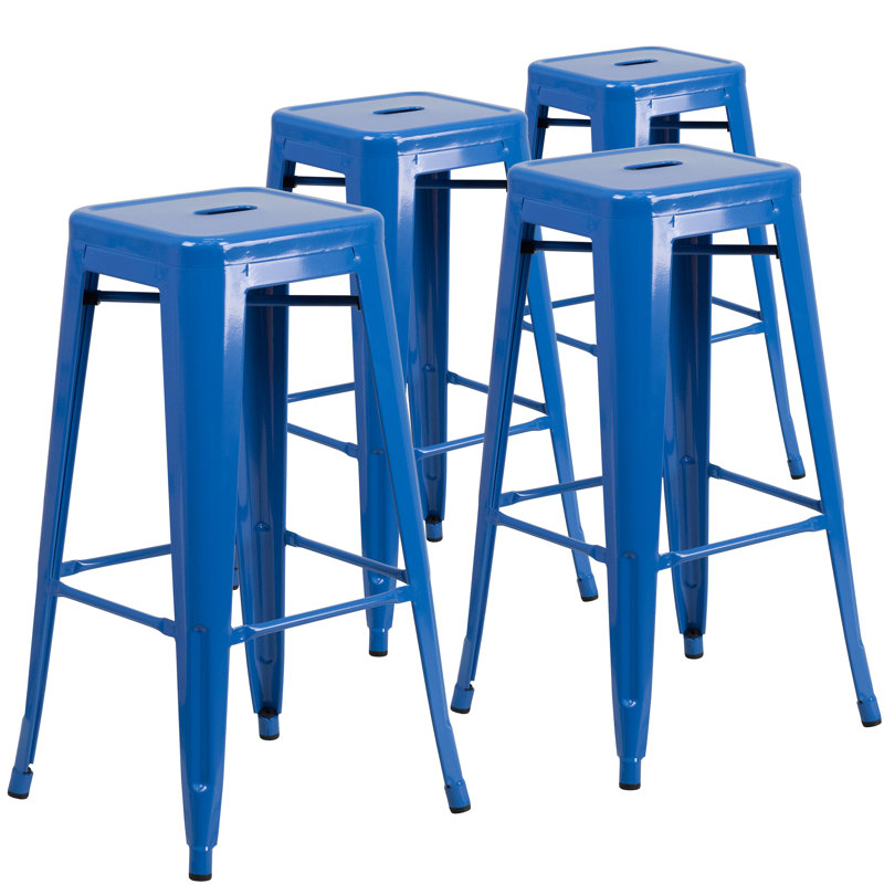Nieva Commercial Grade Backless Indoor-Outdoor Stool with Square Seat, Royal Blue, Bar Stool (30” Seat Height), 4