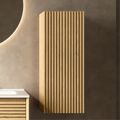 12" Floating Bathroom Side Storage Cabinet, Oak, Plywood With Adjustable Shelf For Flair Cabinet In And Soft Close Door Look