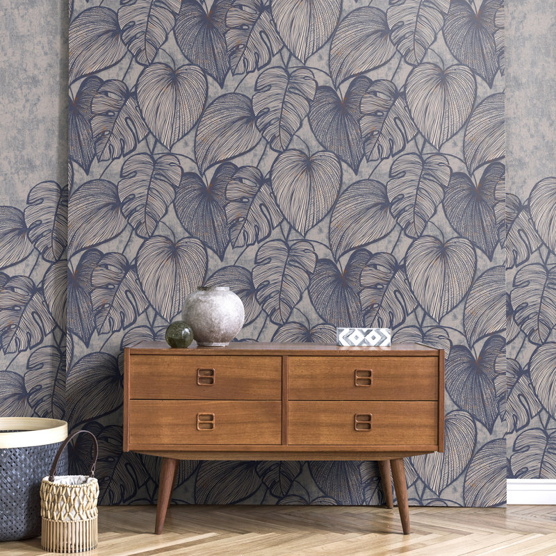 Julie Feels Home Collection Glitter/Shimmer Large Monstera Leaf Wallpaper Roll, Navy Ash