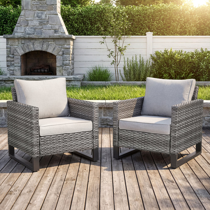 Silviea 2-Person Wicker Outdoor Lounge Armchair with Thick Cushions, Beige