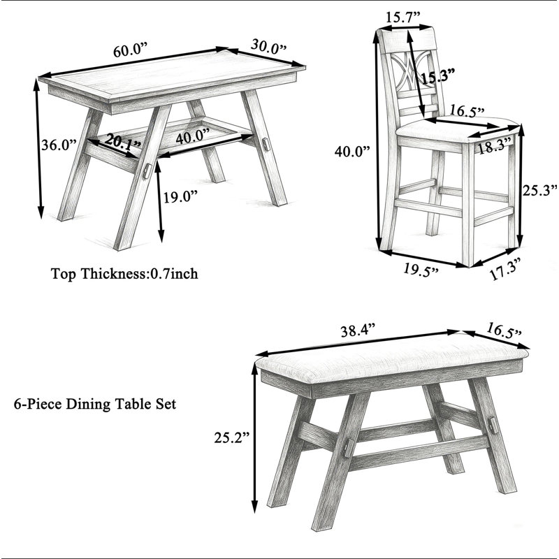 Ensemble de table de salle à manger 6 pièces à hauteur de comptoir en bois avec tablette de rangement, ensemble de table de cuisine avec banc et 4 chaises, style rustique