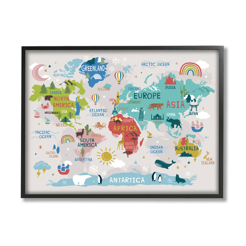 Illustration de points de repère et de faune, carte du monde, graphique surdimensionné, art numérique sur estampe numérique par Lisa Perry White