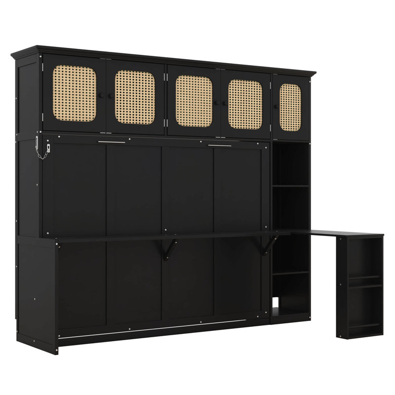 Lit escamotable avec bureau et armoires en rotin, lit escamotable peu encombrant, Black