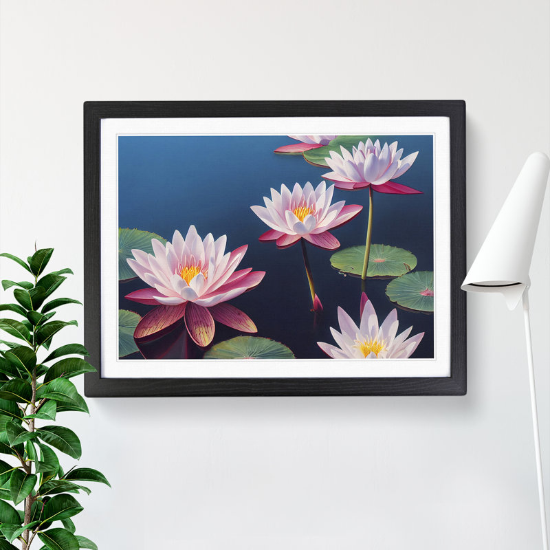 Cosmopolitan Water Lily Flowers - Single Picture Frame Painting, Black, 25cm H x 34cm W x 2cm D