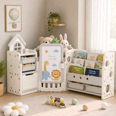 Kids Toy Storage Organizer, 3-Tier Bookshelf with 10 Removable Bins, Drawing Board  3 Brushes