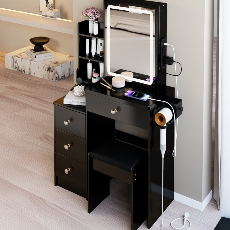 Table de chevet gauche 29,2 po avec tabouret moelleux, assemblage 2 AC + 2, très grand miroir à DEL tactile avec changement de couleur et luminosité, pour armoire compacte