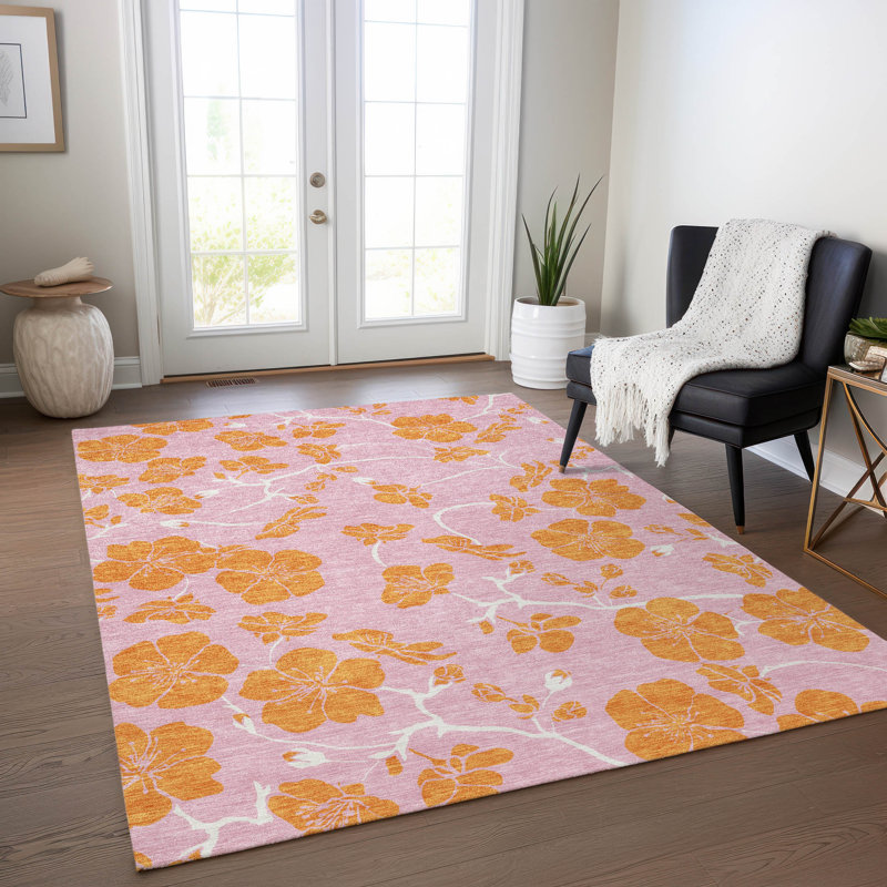 Pink Floral Synthetic Rectangular Washable Area Rug 3' x 5'