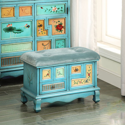 Vintage Hand Painted Solid Wood Shoe Storage Bench