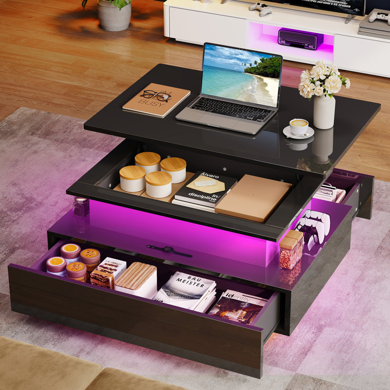  High Gloss Coffee Table With Drawer, Living Room Table Height Adjustable With 16 Colour LED, Black