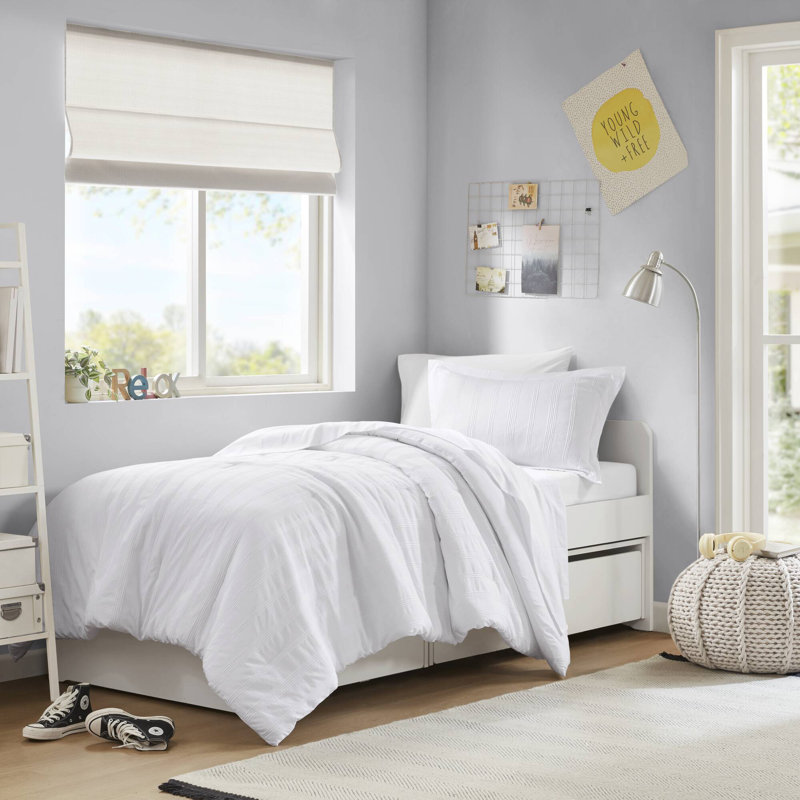 Ensemble d'édredon tissé à rayures Logan, Rayé blanc, Édredon simple + 4 pièces supplémentaires