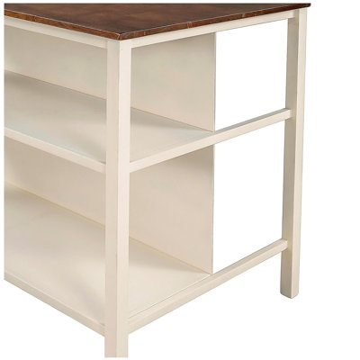 Îlot de cuisine fixe de 45 pouces en bois massif de style champêtre, îlot de préparation pour table à manger en bois d'hévéa avec 2 tablettes ouvertes, en noyer et blanc crème