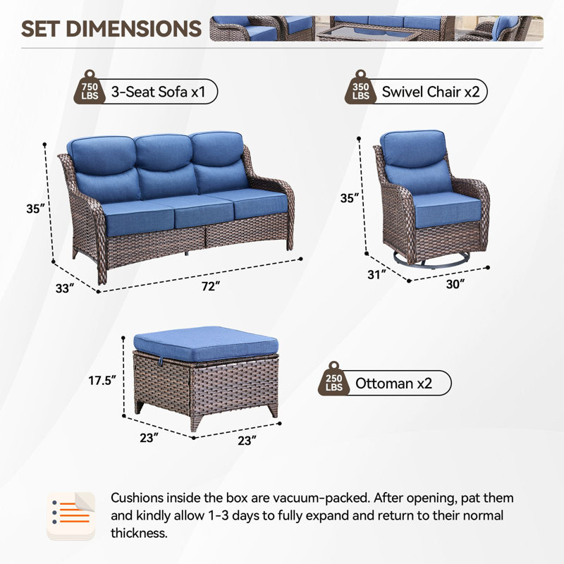 Wickes Haven 5-Person PE Wicker Outdoor Patio Conversation Set With 6" Thickness Cushions, Light Blue