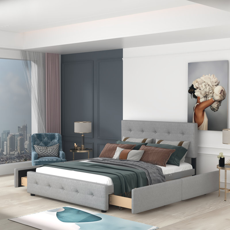 Upholstered Platform Storage Bed, Light Gray