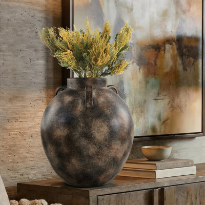 13.39" Earthy Gray-Brown Weathered Ceramic Flower Vase, Handled Round Urn Table Vase for Living Room Farmhouse Decor