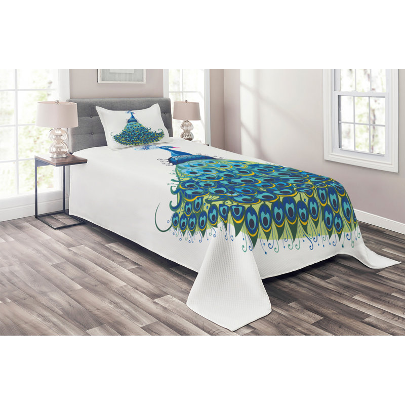 White Twin Quilted Bedspread Set with Peacock Design