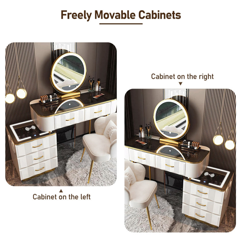 Coiffeuse de maquillage Flavel avec station de charge sans fil, haut-parleur Bluetooth, miroir de coiffeuse (39,4 pouces)